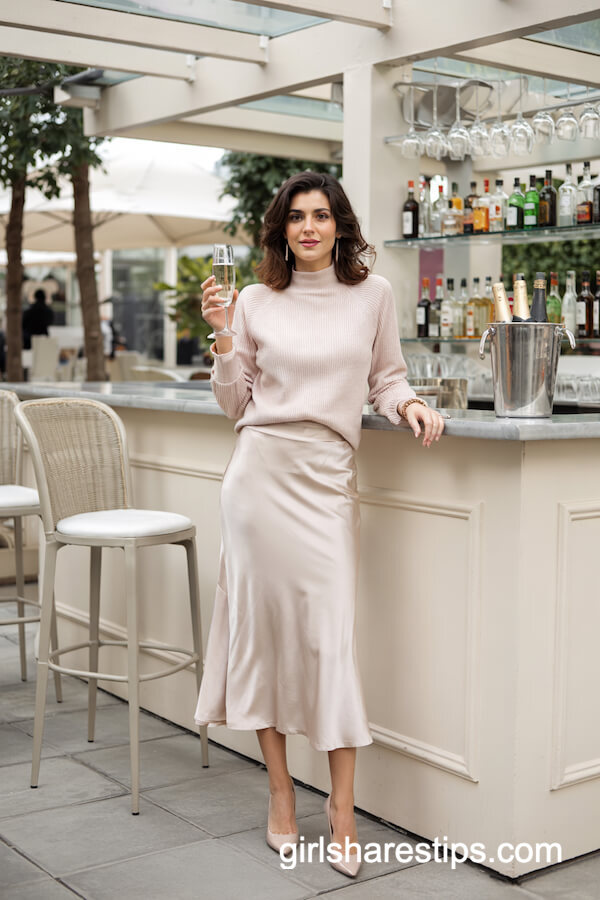 Champagne Satin Midi Skirt & Pastel Sweater