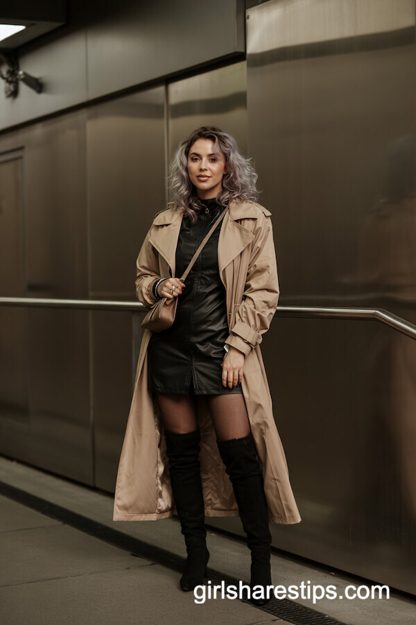 Beige Trench Coat & Black Mini Dress Outfit