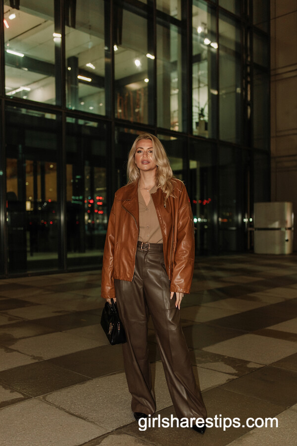 Brown Leather Jacket & Charcoal Wide-Leg Trousers
