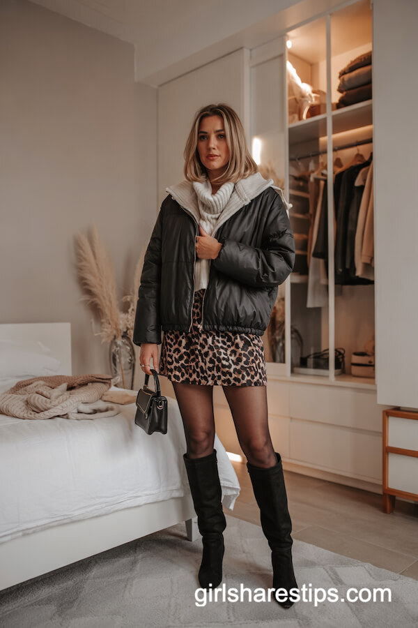 Black Oversized Jacket & Leopard Mini Skirt