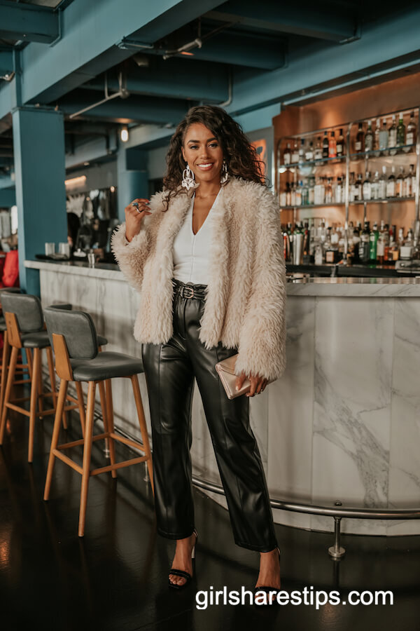 Cream Faux Fur Jacket & Black Leather Pants
