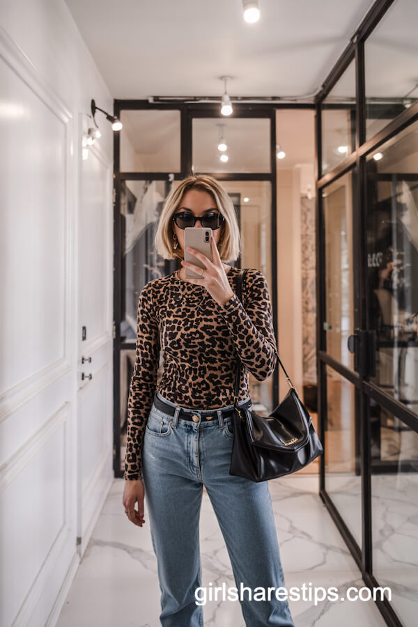 Leopard Print Top & Light High-Waisted Jeans