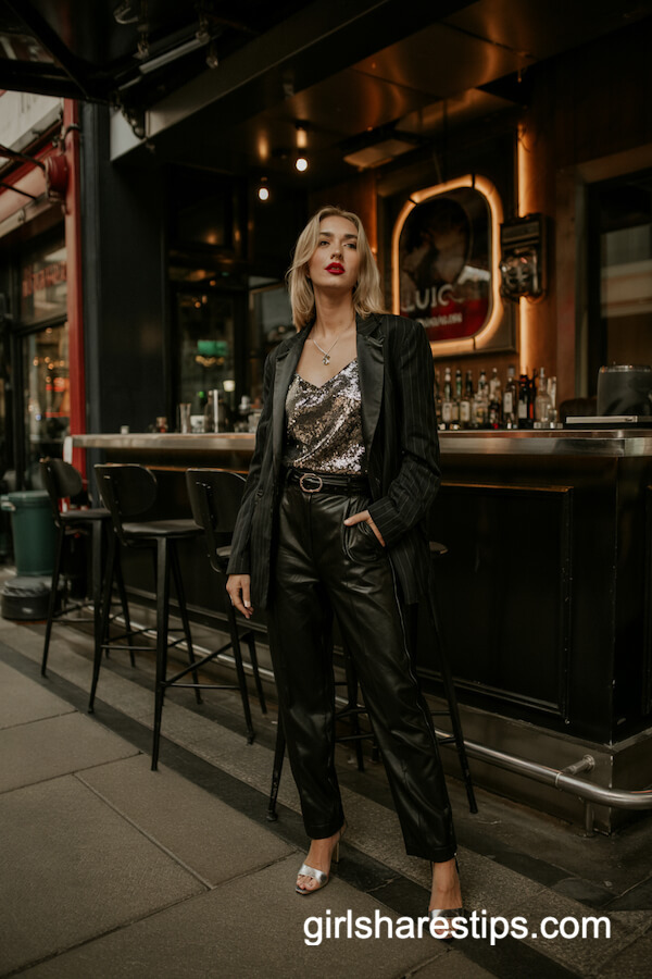 Sparkly Camisole with Blazer & Metallic Heels