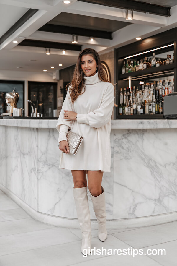 White Turtleneck Sweater Dress & Knee-High Boots
