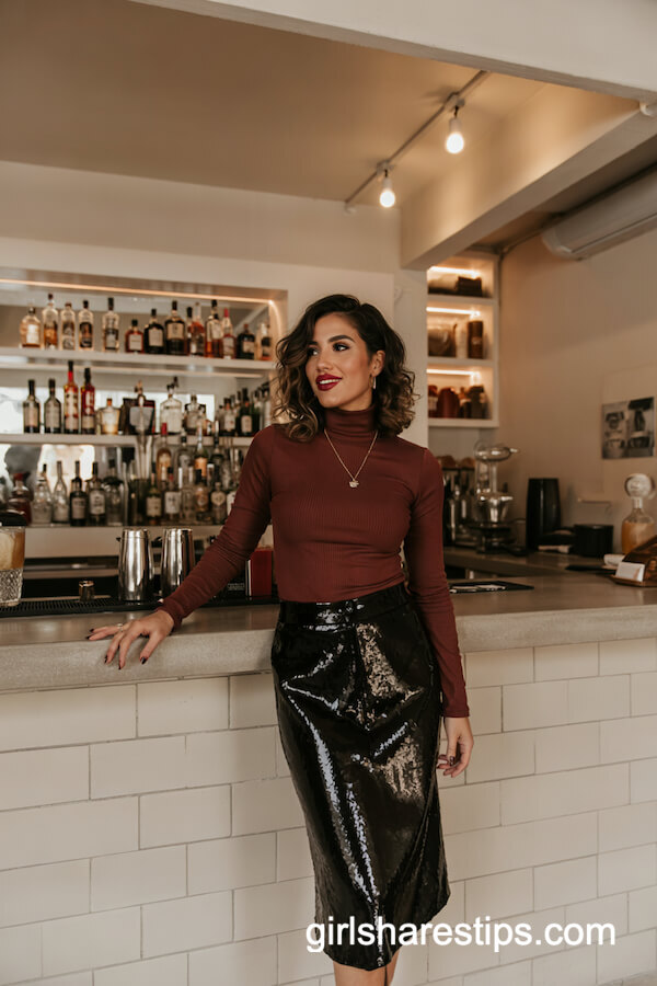 Black Sequin Midi Skirt & Burgundy Turtleneck