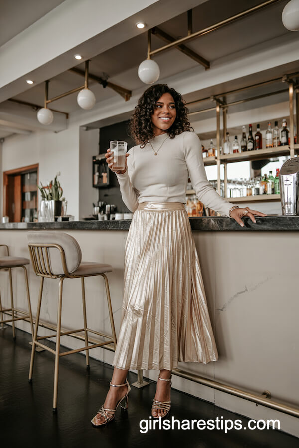 Gold Metallic Midi Skirt & Cream Knit Top
