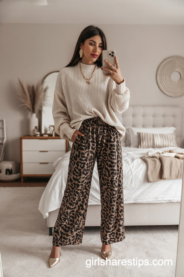 Bold Leopard Wide-Leg Pants & Oversized Sweater