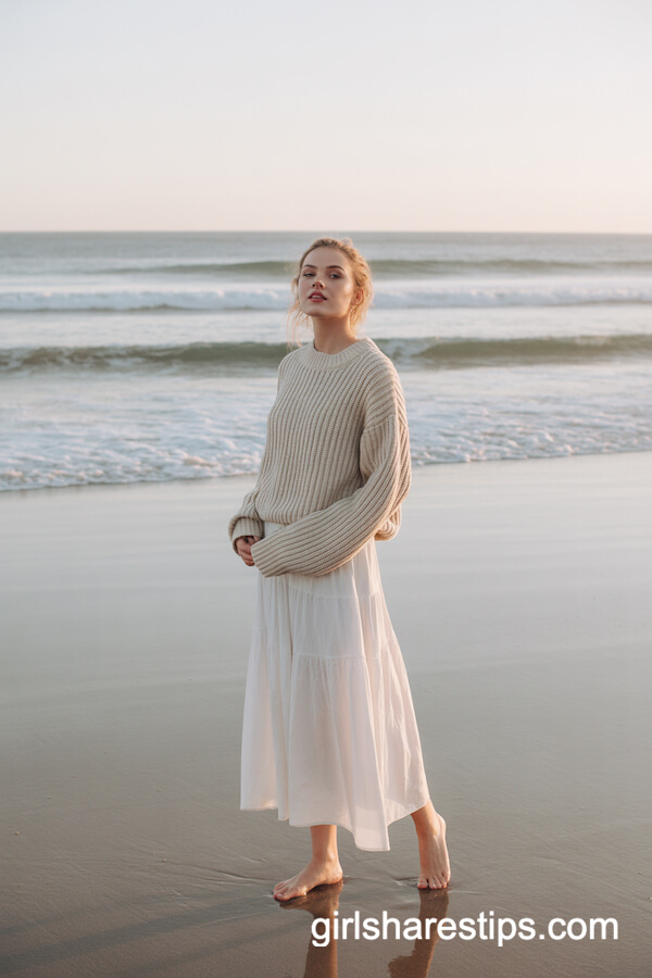 Cozy Knit Sweater & Maxi Skirt Beach Look