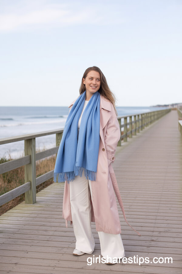 Pink Trench Coat & Blue Scarf Winter Outfit