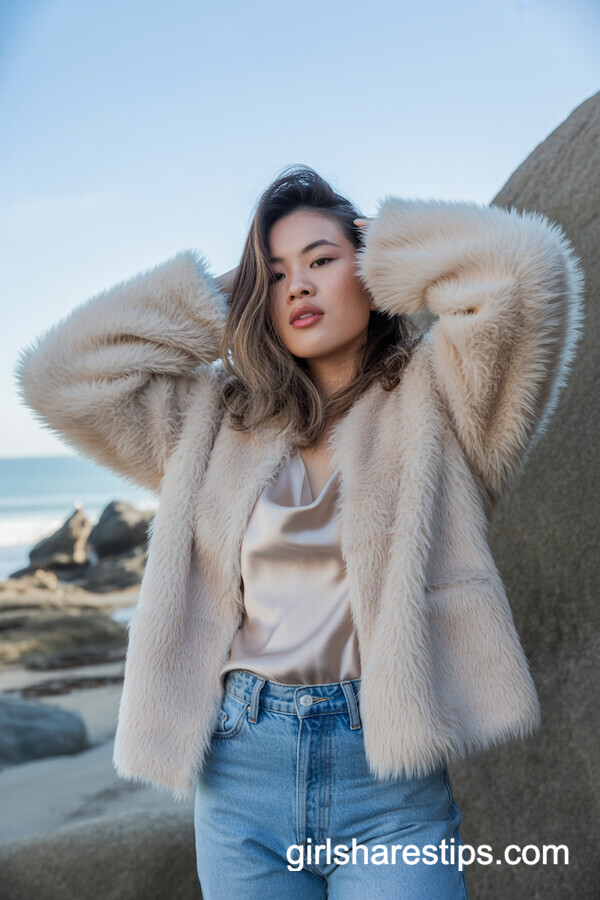 Faux Fur Jacket & Silk Top Trendy Outfit