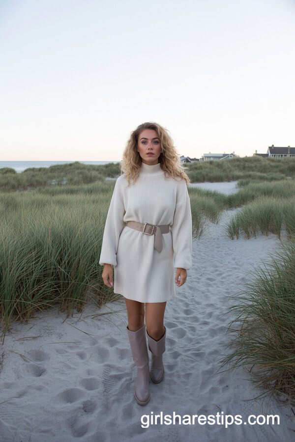 Knit Sweater Dress & Knee-High Boots Feminine Look
