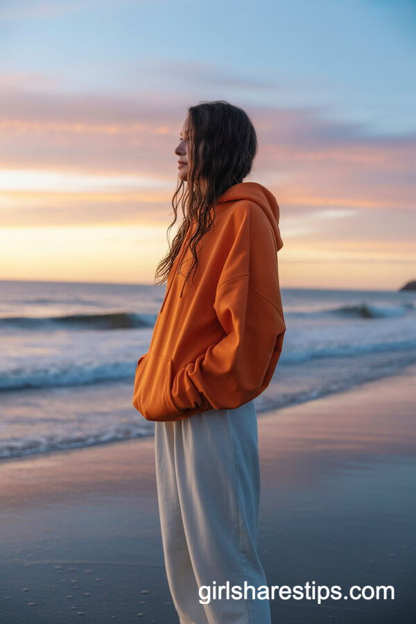 Orange Hoodie & White Pants Sunset Style