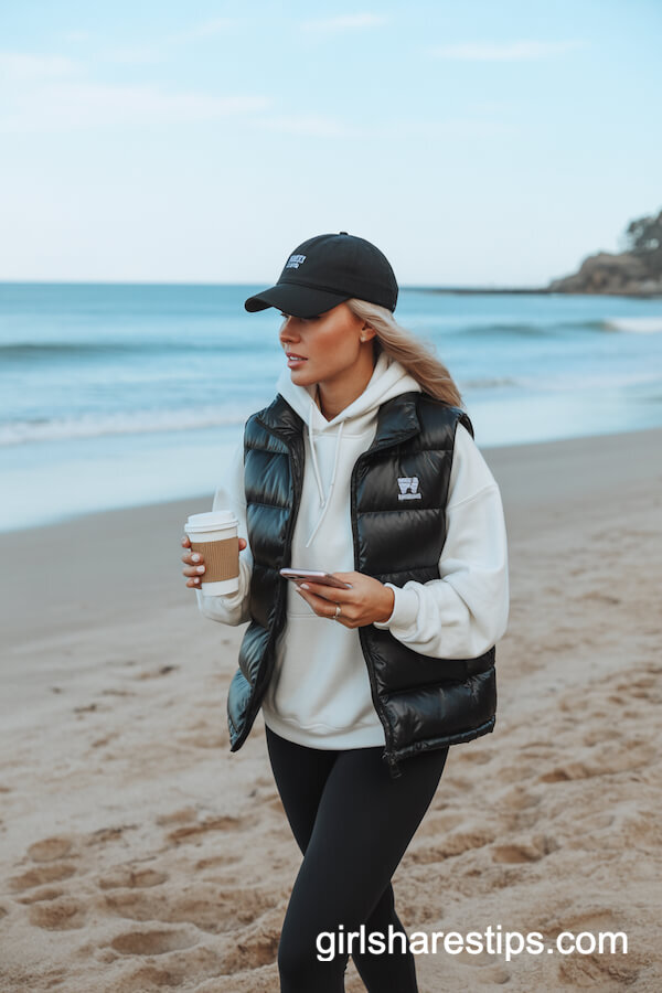 Black Puffer Vest & Hoodie Sporty Beachwear