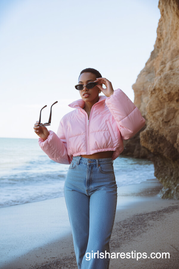 Pink Cropped Puffer & High-Waisted Jeans Outfit