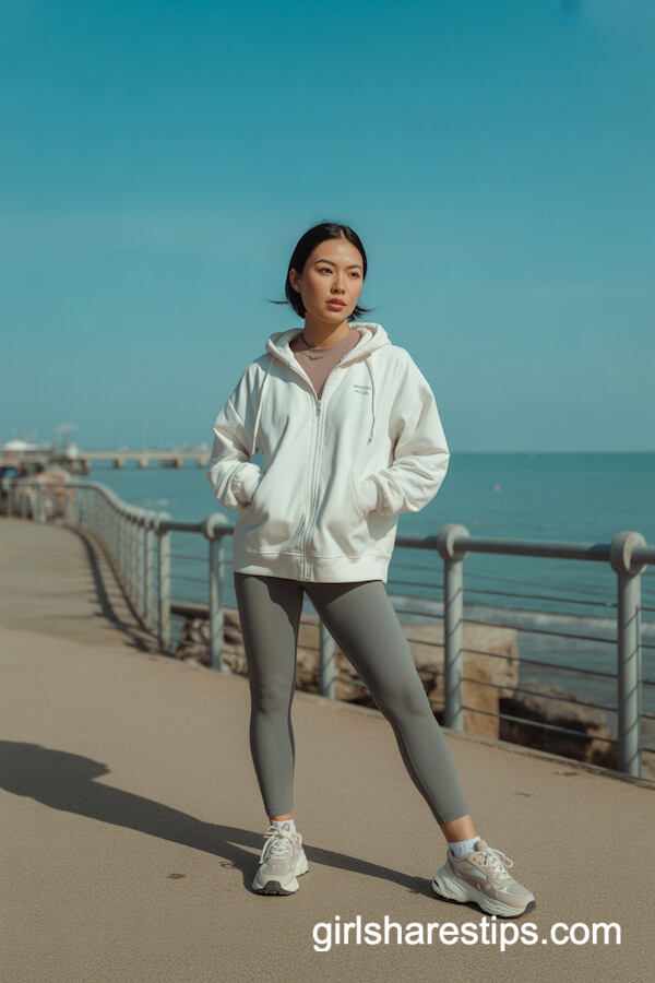 White Hoodie & Grey Leggings Casual Beach Style