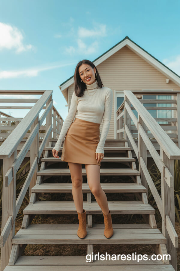 Cream Turtleneck & Camel Skirt Chic Ensemble