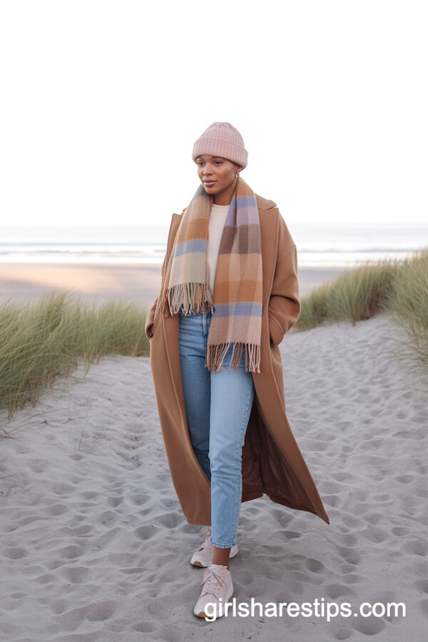 Camel Coat, Skinny Jeans & Oversized Scarf Combination