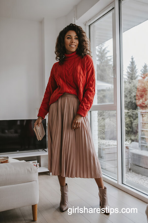 Red Chunky Sweater with Pleated Skirt