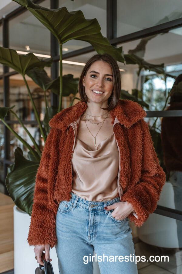 Rust Faux Fur Jacket with Gold Camisole