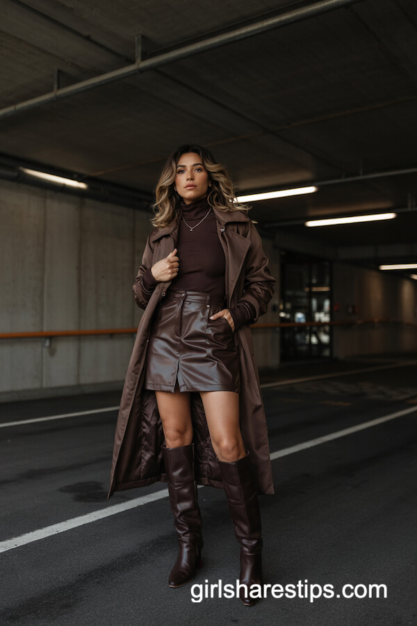 Brown Faux Leather Mini Skirt with Trench