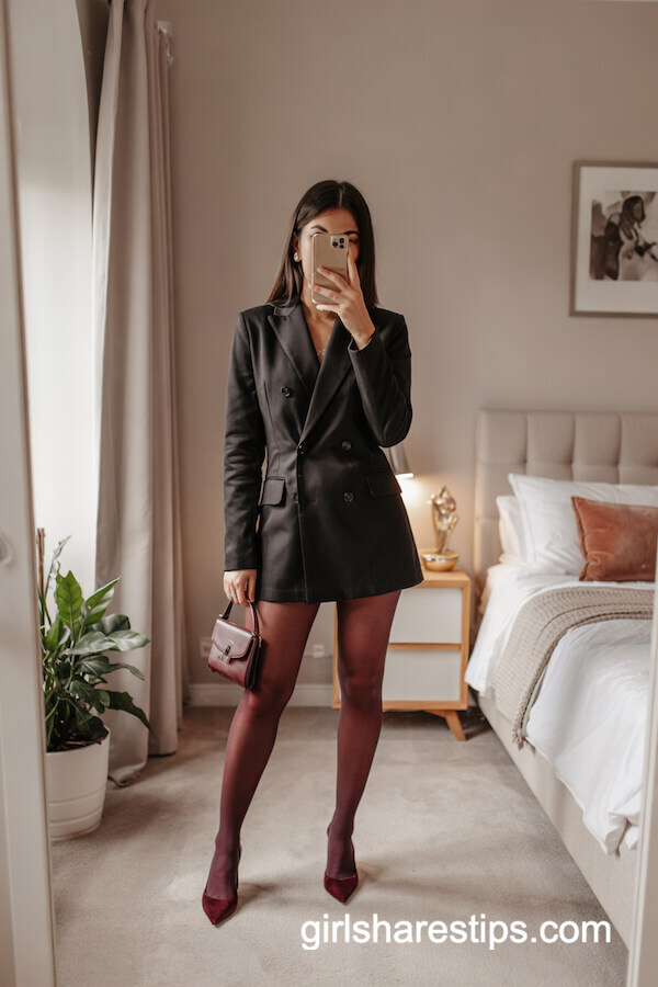 Black Blazer Dress with Burgundy Tights