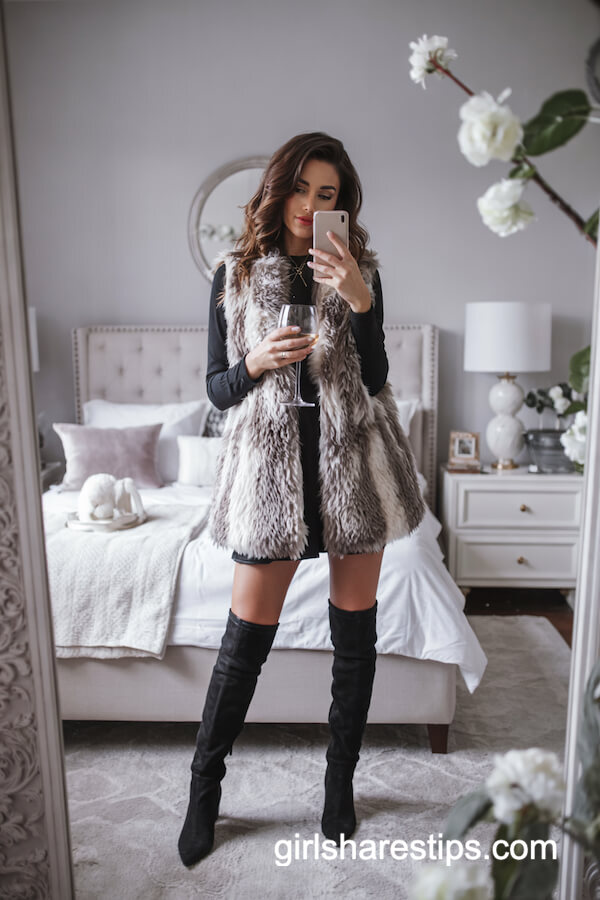 Black Dress with Gray Faux Fur Vest