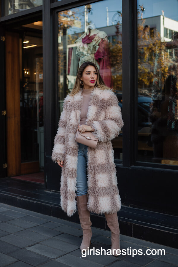 Pastel Faux Fur Coat with Slim Jeans