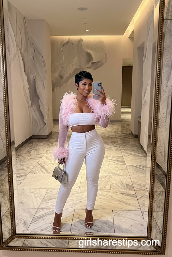 Pink Feather Trim Crop Top with White Pants