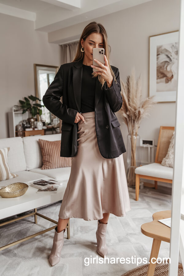 Oversized Black Blazer with Satin Midi Skirt