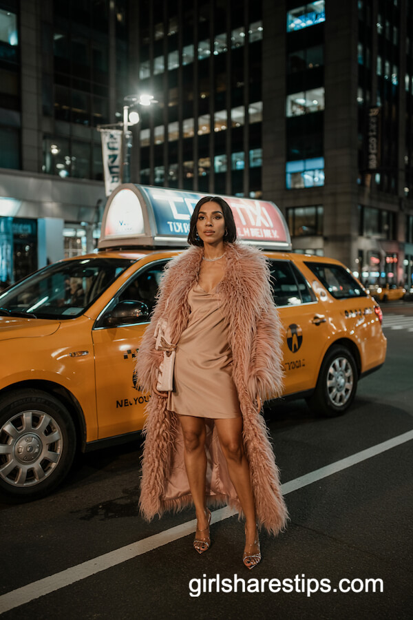 Long Pink Coat over Nude Mini Dress