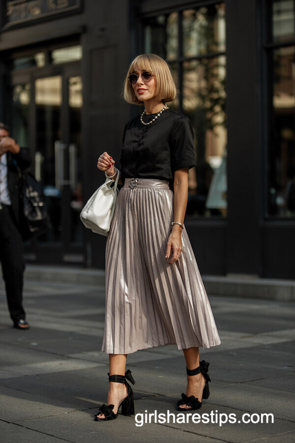 Black Top with Metallic Pleated Skirt