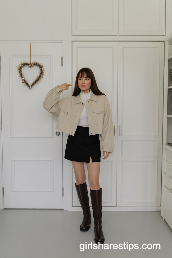 Cream Jacket and Mini Skirt with Knee-High Boots