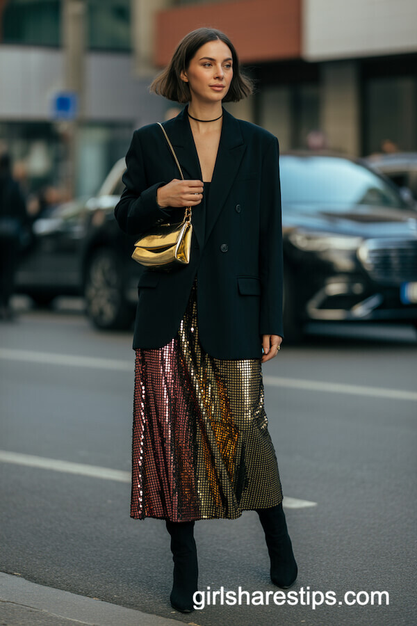 Blazer and Ombre Sequin Midi Skirt with Ankle Boots