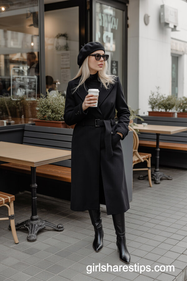 Long Wool Coat, Beret, and Knee-High Boots