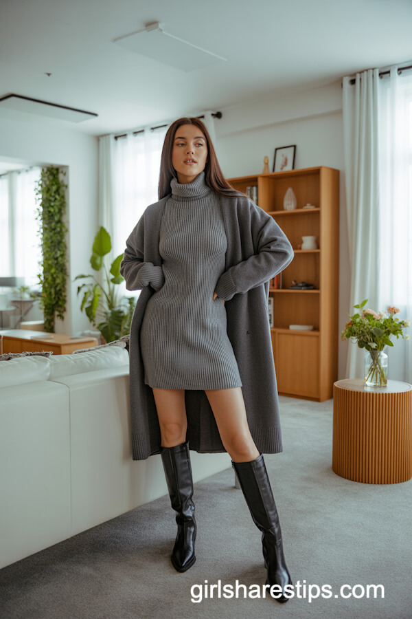 Gray Sweater Dress and Cardigan with Knee-High Boots