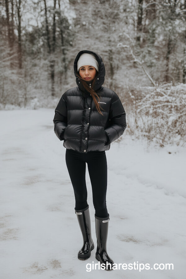 Puffy Winter Coat with Leggings and Rain Boots