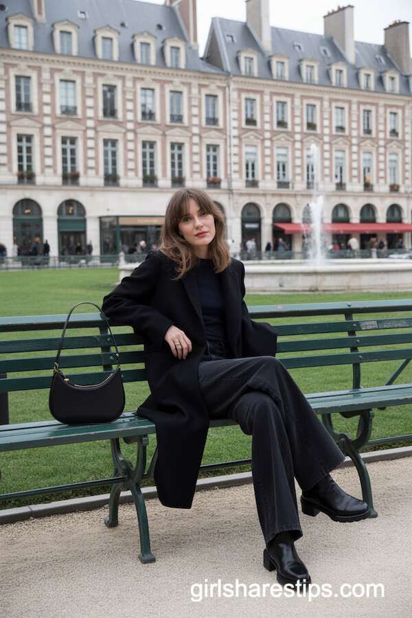All-Black Coat with Wide-Leg Trousers and Boots