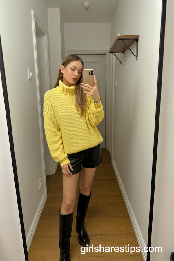 Yellow Knit Sweater with Shorts and Tall Black Boots