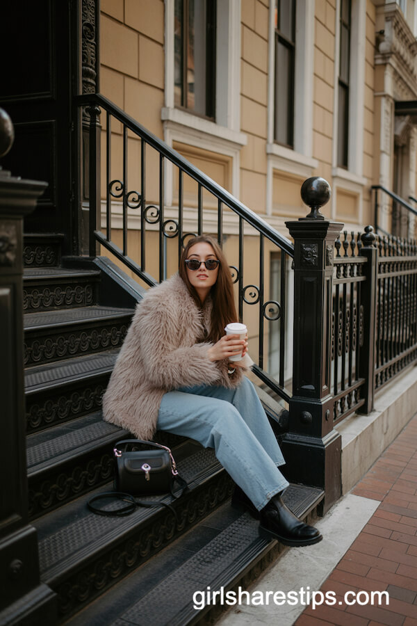 Faux Fur Coat with Jeans and Black Ankle Boots