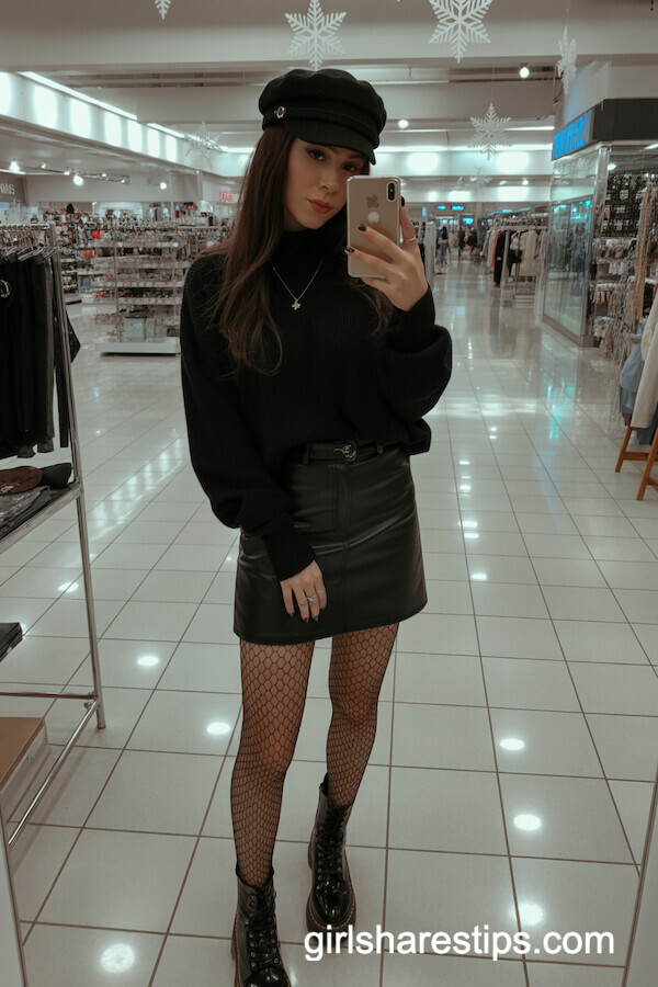 Black Mini Skirt, Fishnets, and Combat Boots