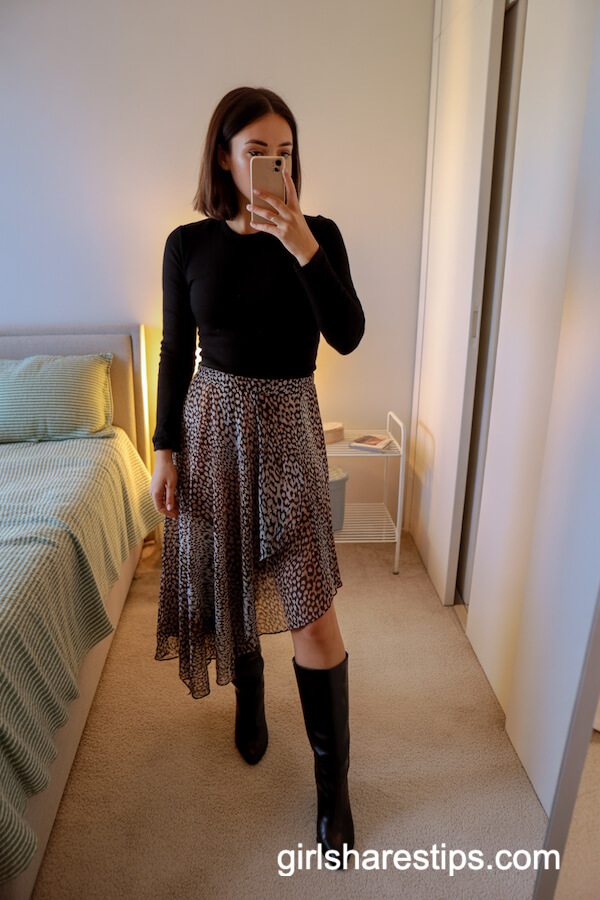 Leopard Print Skirt and Black Top with Knee-High Boots