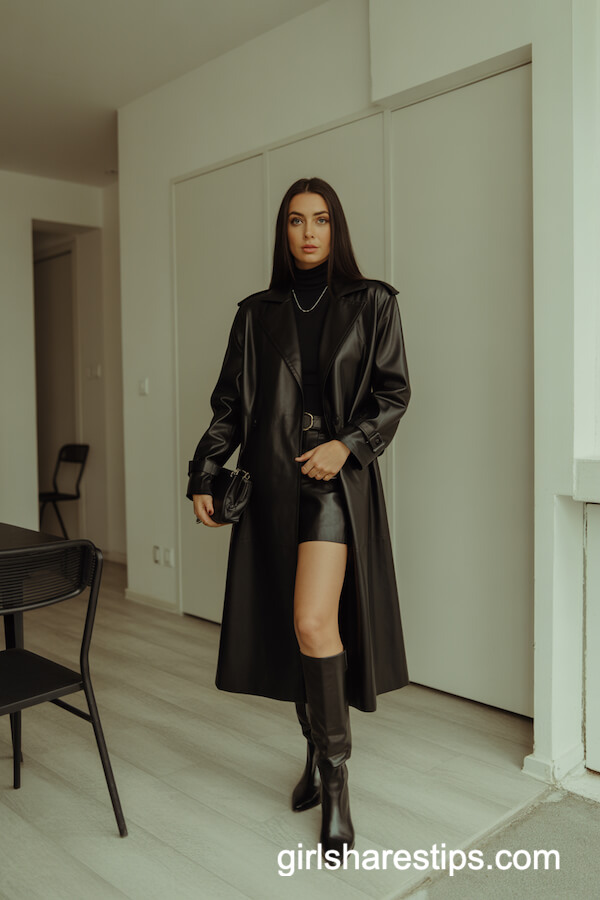 All-Black Leather Trench and Turtleneck Look