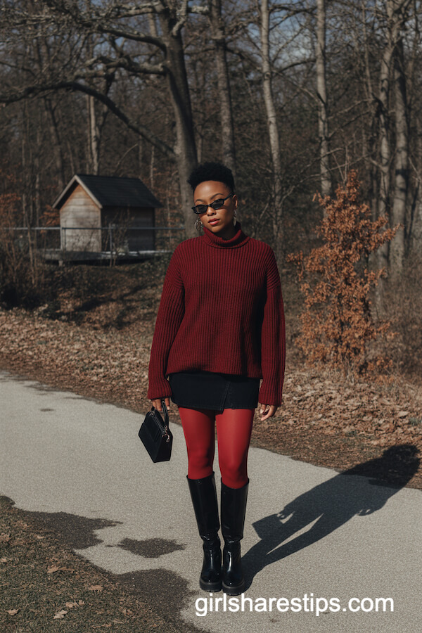 Burgundy Knit Sweater with Mini Skirt and Platform Boots