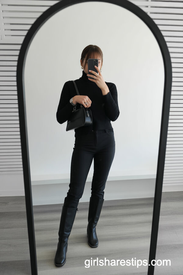 Monochrome Black Turtleneck and Pants with Boots