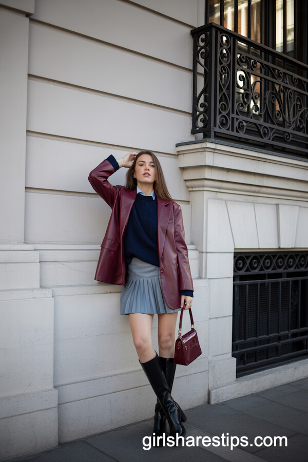 Burgundy Blazer with Pleated Skirt and Knee-High Boots