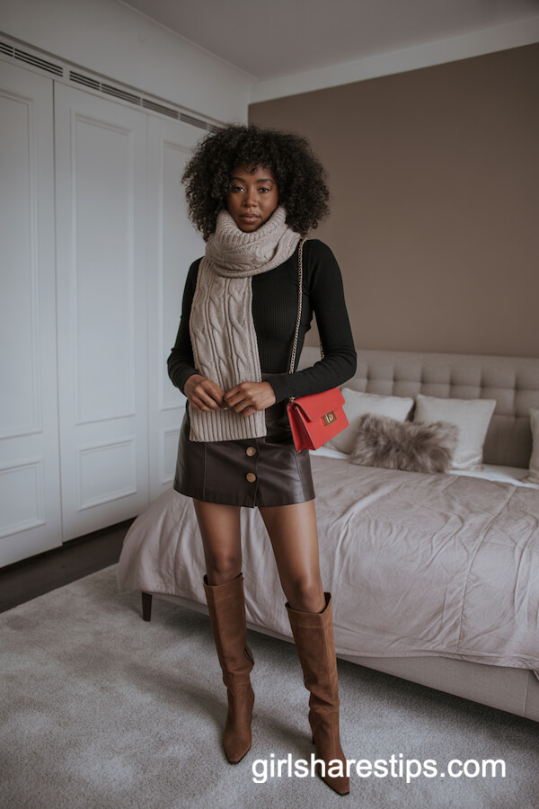 Buttoned Skirt and Cable Scarf with Suede Boots
