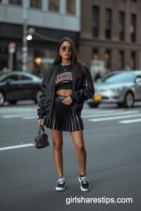 Pleated Mini Skirt with Cropped Sweatshirt and Bomber