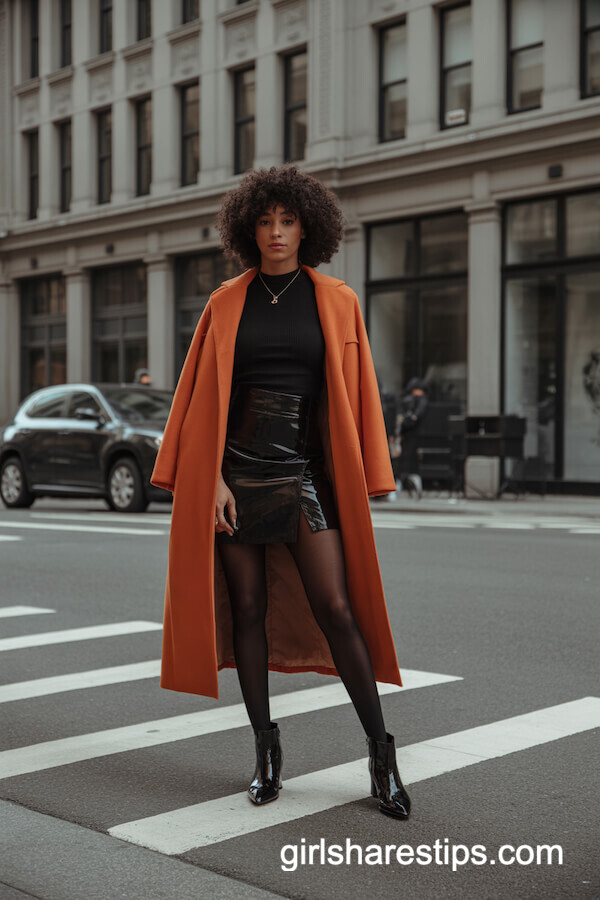 Black Mini Skirt and Color-Pop Coat Ensemble