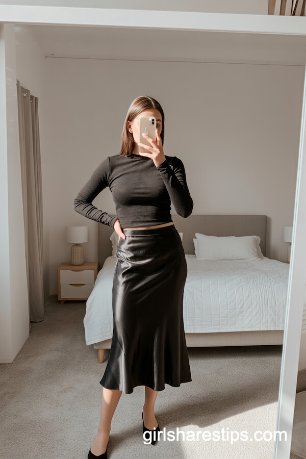 Satin Midi Skirt with Ribbed Fitted Top