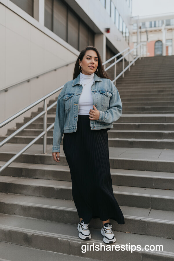 Maxi Skirt with Denim Jacket and Statement Sneakers